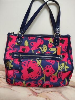 Coach 22442 Hallie Navy Multi Poppy Floral East West Tote Y2K